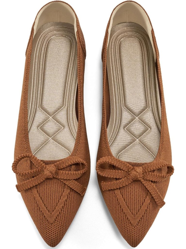 Women's Brown Dressy Pointed Toe Bow Knit Flats Comfortable Slip On Ballet Flats